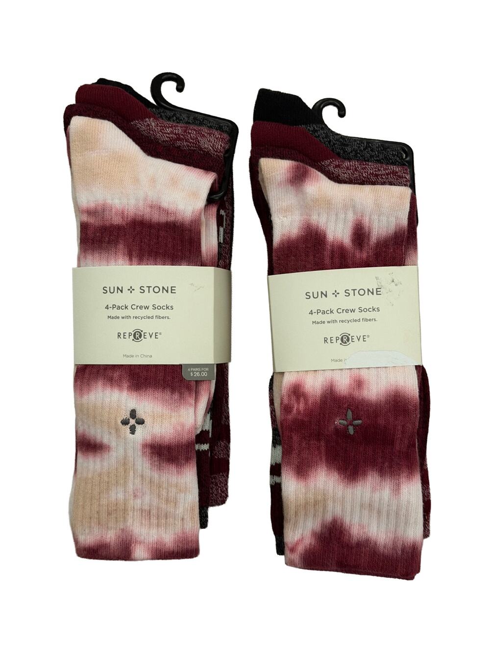 Sun + Stone Lot of 2 4-PK Assorted Crew Socks Burgundy/Charcoal Sock Size 10-13
